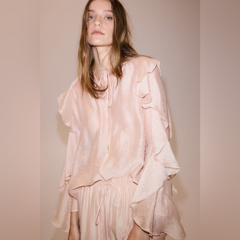 NWT H&M Flounce-Trimmed Blouse in Light Pink